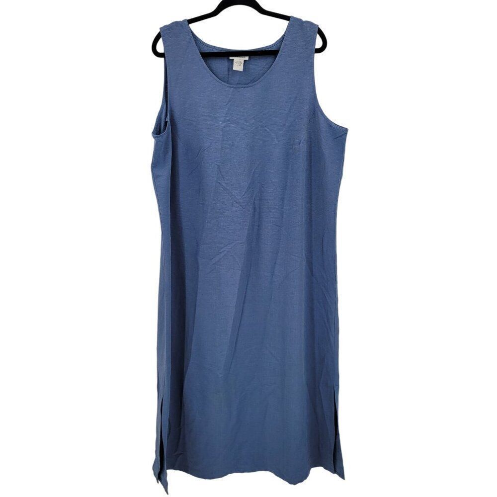 Vintage Avenue Silk Linen Sleeveless Shift Maxi Dress 18/20 Blue Textured Slits
